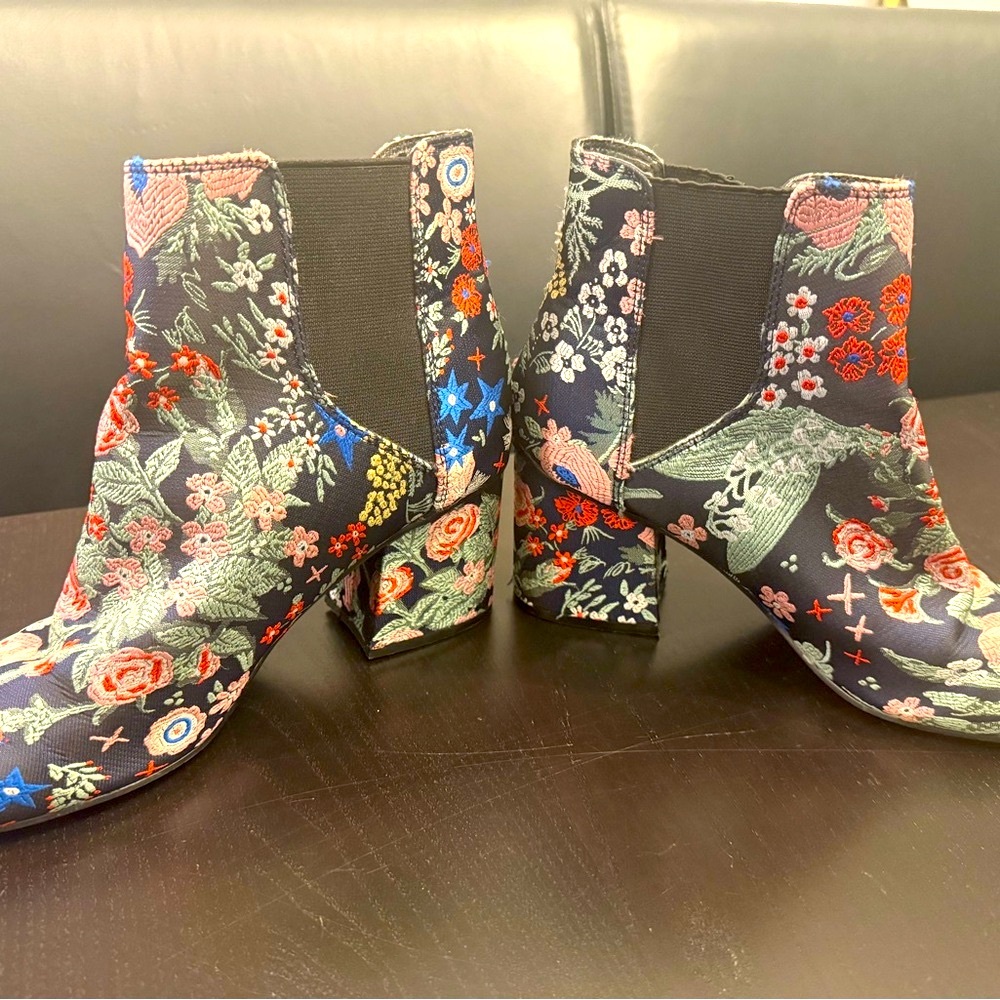 Floral Embroidered Ankle Boots - Black and Multicolor